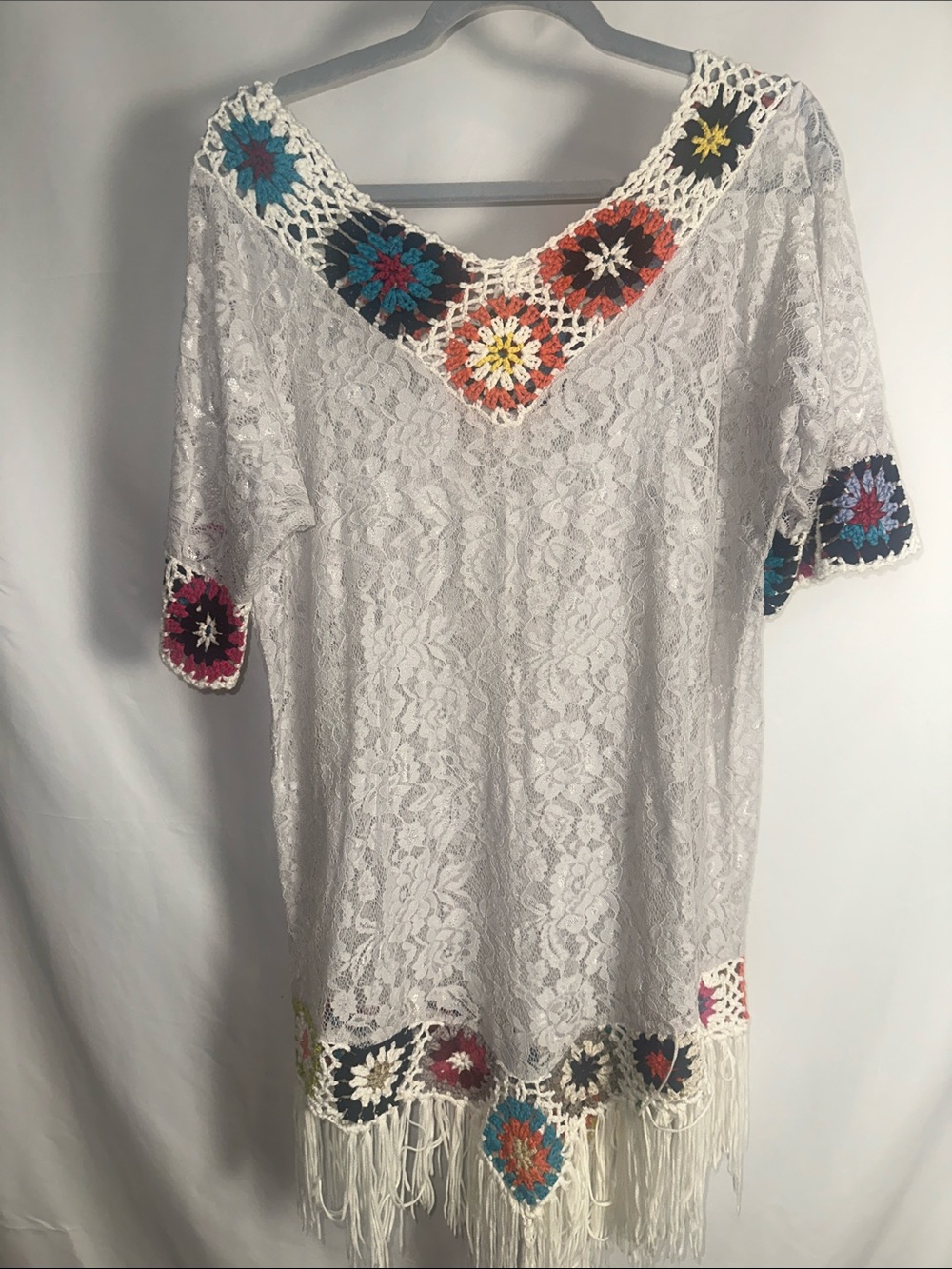 Source Unknown White Lace Tunic with Multicolor Crochet Accents